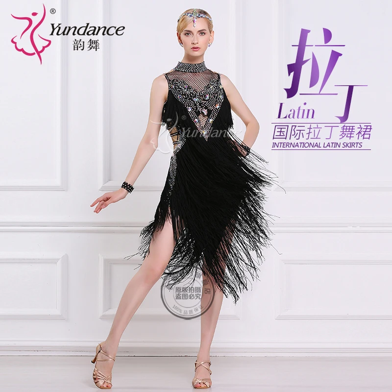 L-16185 Sexy Backless Latin Tassel Dance Rhinestone Dress, High Quality Fringes Latin Dance Dress Women