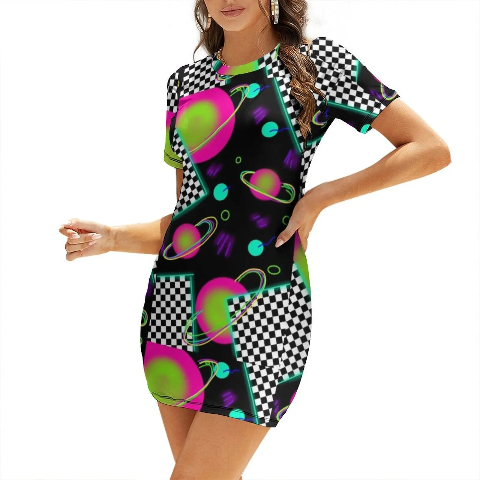 trippy neon 80's space party - planets and space globs Short Sleeved Dress dresses summer woman 2025 Dress