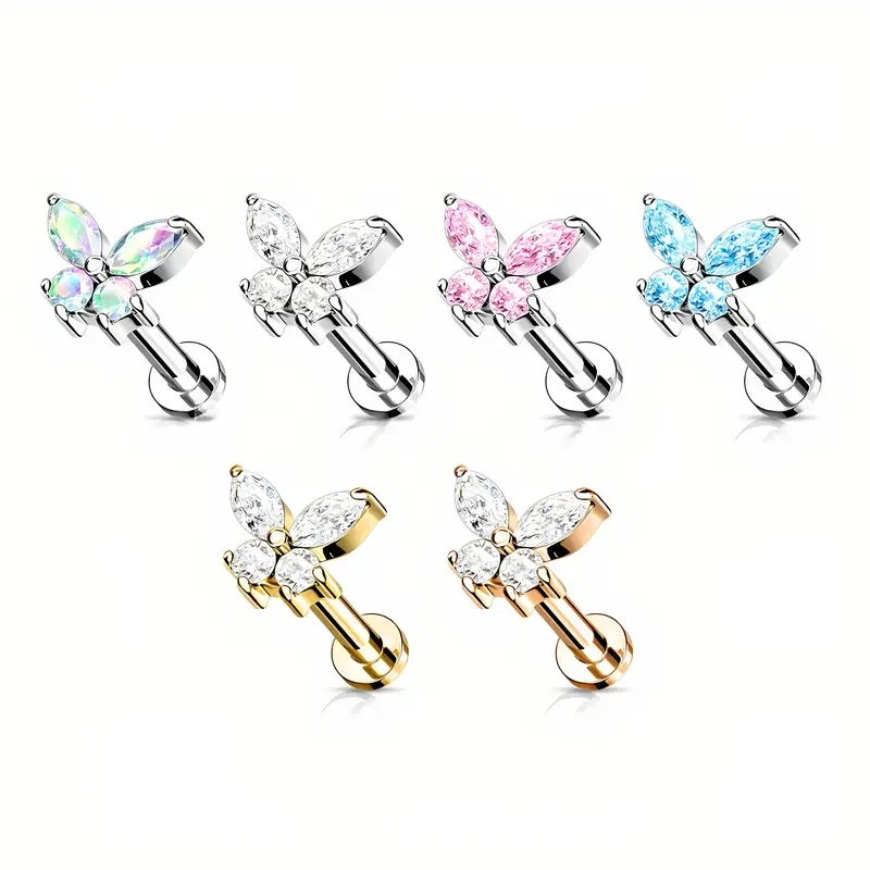 Stainless Steel Elegant Butterfly Cartilage Helix Ear Studs Cubic Zirconia Lip Nose Ring Internal Thread Twist Piercing Jewelry