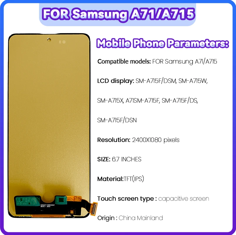 6.7 inch LCD for Samsung Galaxy A71 A715 SM-A715W  SM-A715F/DSN Touchscreen Digitiser for Samsung  SM-A715F with Frame LCD