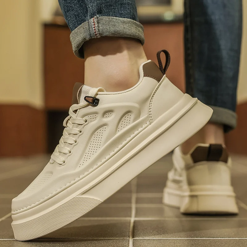 

Men's Casual Leather Slip-On Shoes Spring Trendy Brand Versatile Flat Shoes Sporty Genuine Leather White Popular Sneakers