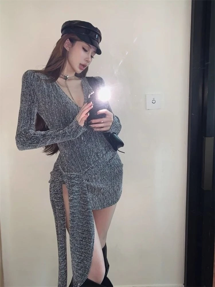 2000s Evening Party Clothing 2 Piece Skirt Sets Sexy V Neck Slim Long Sleeve Tops + Elegant Mini Skirts Y2k Vintage Suits Chic