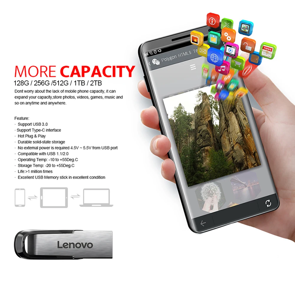 Lenovo Asli Pen Drive USB Flash Drive 2TB Kapasitas Besar Portabel Flashdisk USB3.0 Transfer File Kecepatan Tinggi Tahan Air U Disk