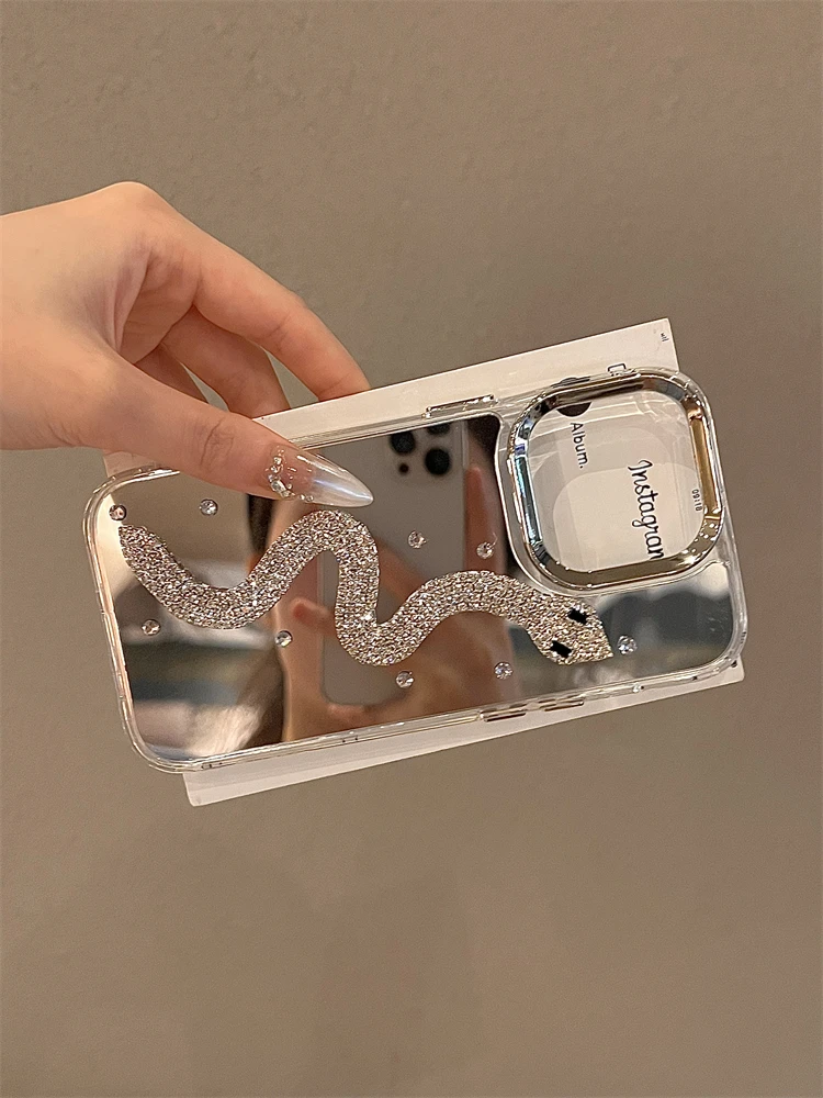 Luxury Glitter Diamond Mirror Phone Case For iPhone 16 14 13 12 11 15 Plus + Rhinestone Snake High Quality For iPhone16Pro Cover