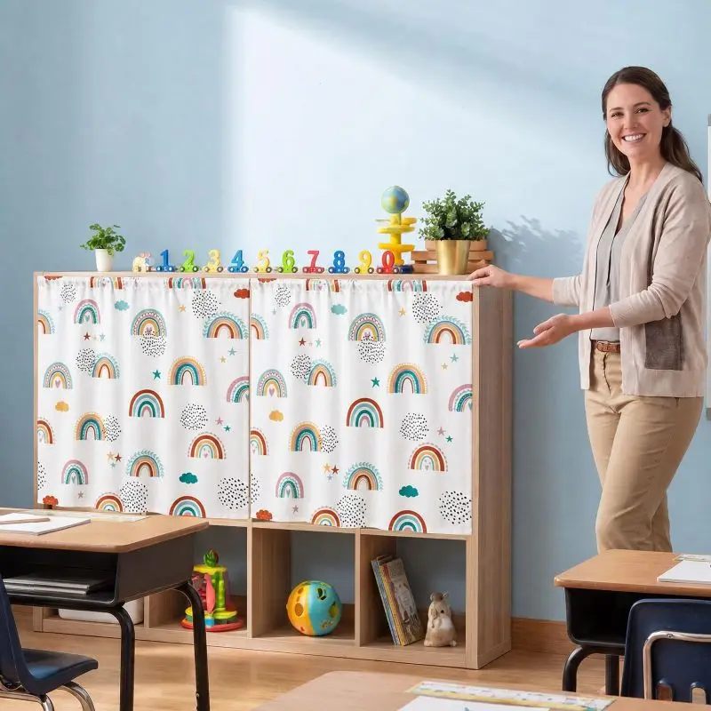 VIKAMA Back to School Rainbow Kids Shelf Curtain Self Adhesive No Drill Dust Cover Playroom Storage Cabinet Decor Cloth Curtain