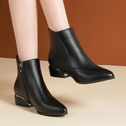 2023 Winter New Pointed Solid Side Zipper with Square Heel Leather Outer Wear Women's Warm Versatile Comfortable Naked Boots