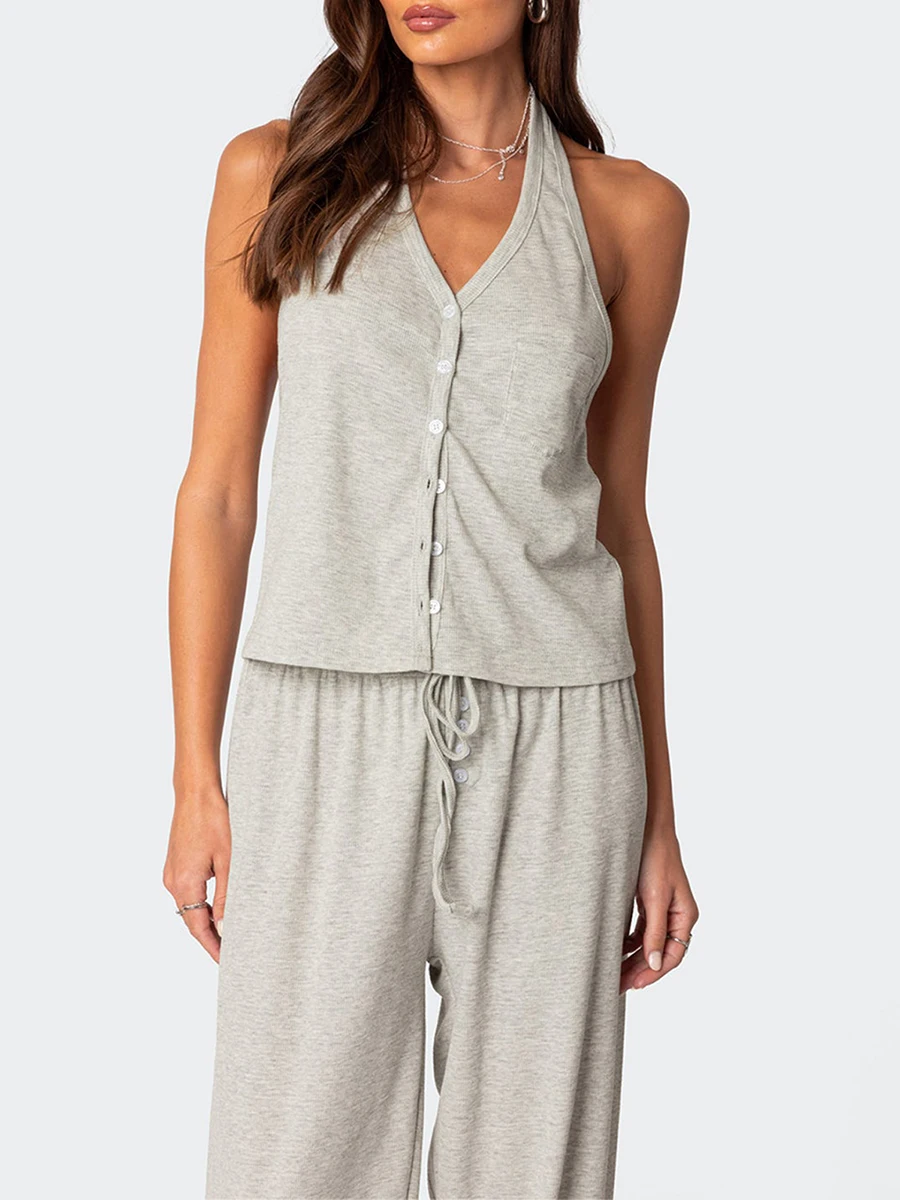 Ensemble pyjama col licou et pantalon en Y pour femme, vêtements de nuit décontractés, grande taille, printemps, été, nouveau, 2024