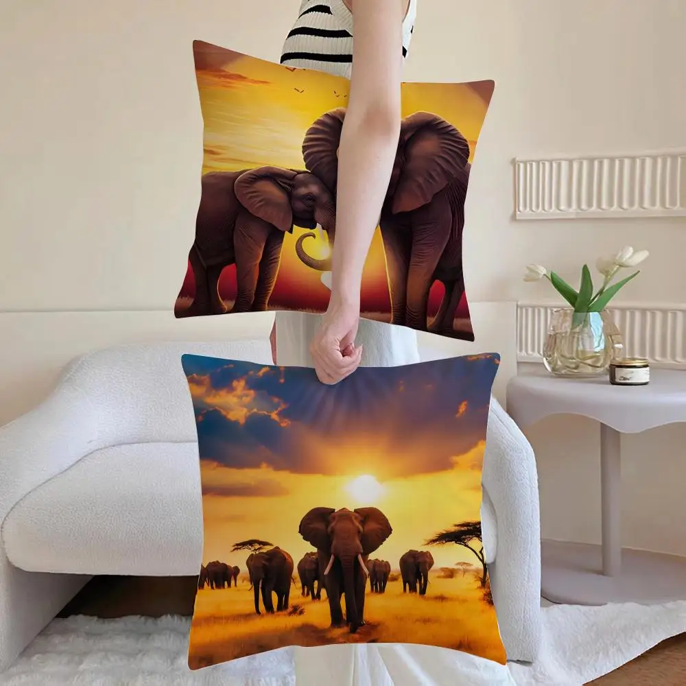 Golden Casual Elephants Sunset Animal Art Cushion Cover Iceland Washable Linen Soft  for Daily Sofa Bed Home Room Decor