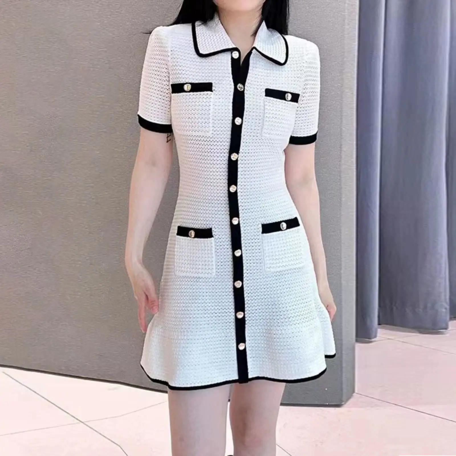 

White Knitted Short Skirt for Women Polo Collar Waist-hugging Temperament Elegant Short-sleeved Dress 2025 Summer New Style