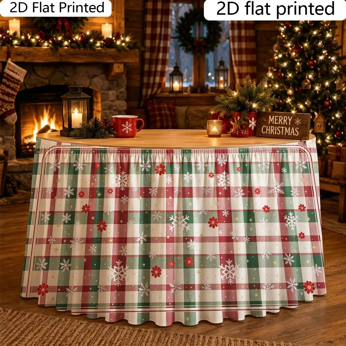 1 PC 2D flat red and green checkered snowflake, star and flower printed table skirt, polyester fiber, high quality