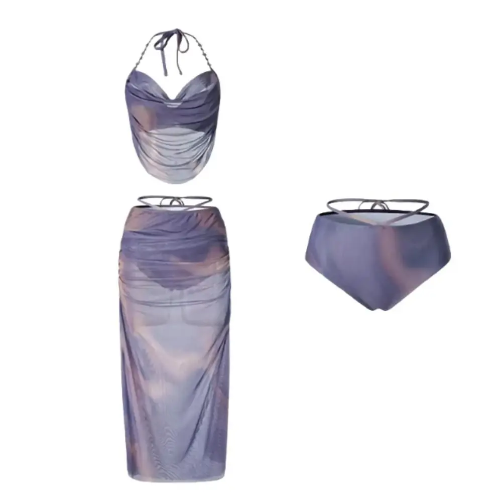 Long Dress Sexy Bikini Gathered Steel Support Small Chest Three-Piece Set Covered Flesh Split Skirt Premium Bikini