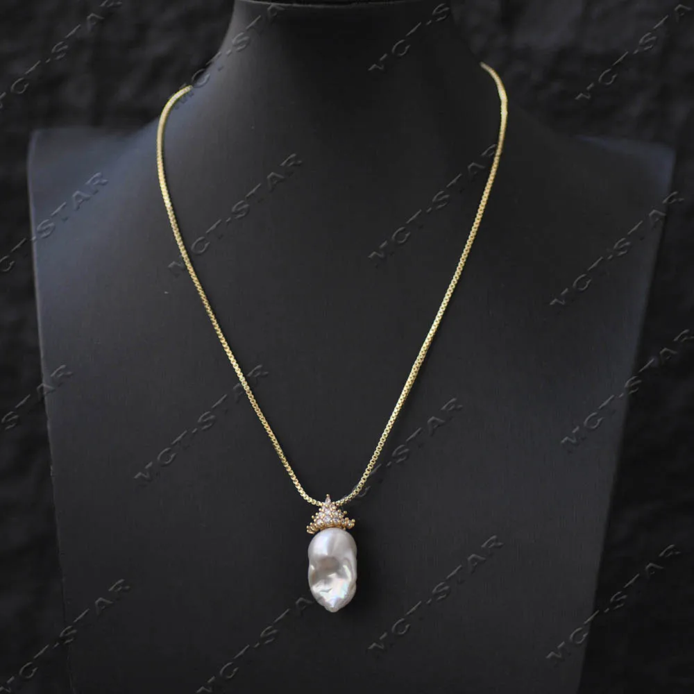 Z14561 Set 23mm Golden Crown All CZ White Baroque Reborn Keshi Pearl Dangle Earring Pendant view 5