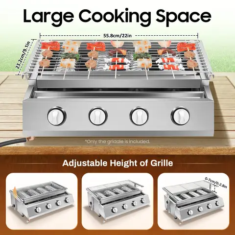 4 Burners BBQ Propane Gas Grill Stainless Steel Smokeless Barbecue Grill Portable BBQ Grill Removable for Outdoor Patio Garden