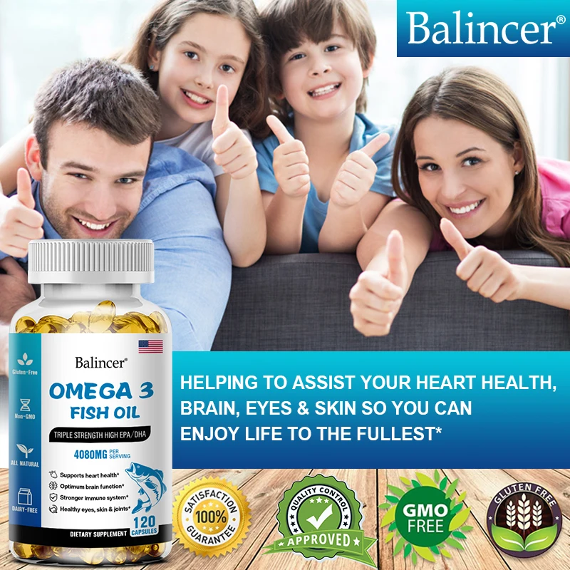 Balincer Wild Caught Omega 3 Fish Oil Softgels- Triple Strength High EPA 1200mg DHA 900mg Non-GMO Gluten Free Dietary Supplement