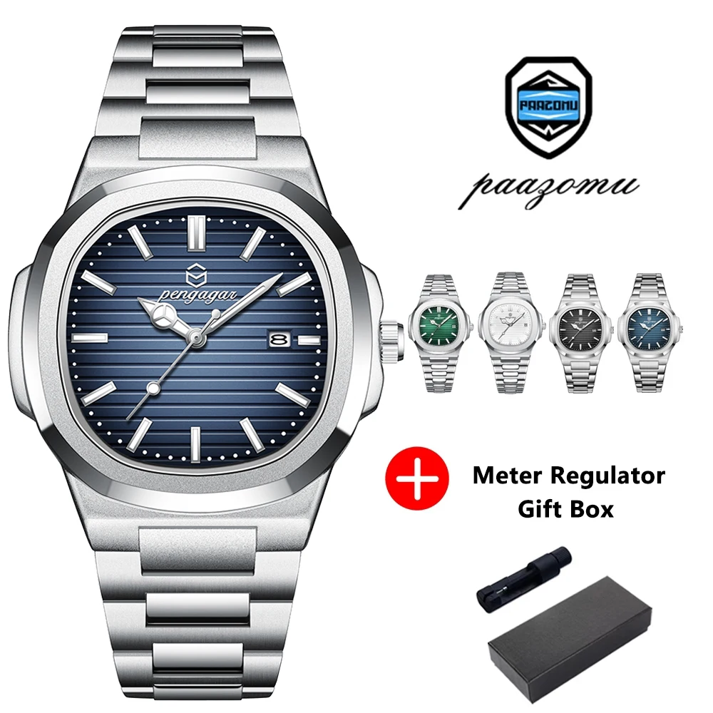 POEDAGAR orologio casual di lusso top brand moda quadrante quadrato calendario in acciaio inossidabile orologio da uomo impermeabile luminoso orologio maschile + scatola