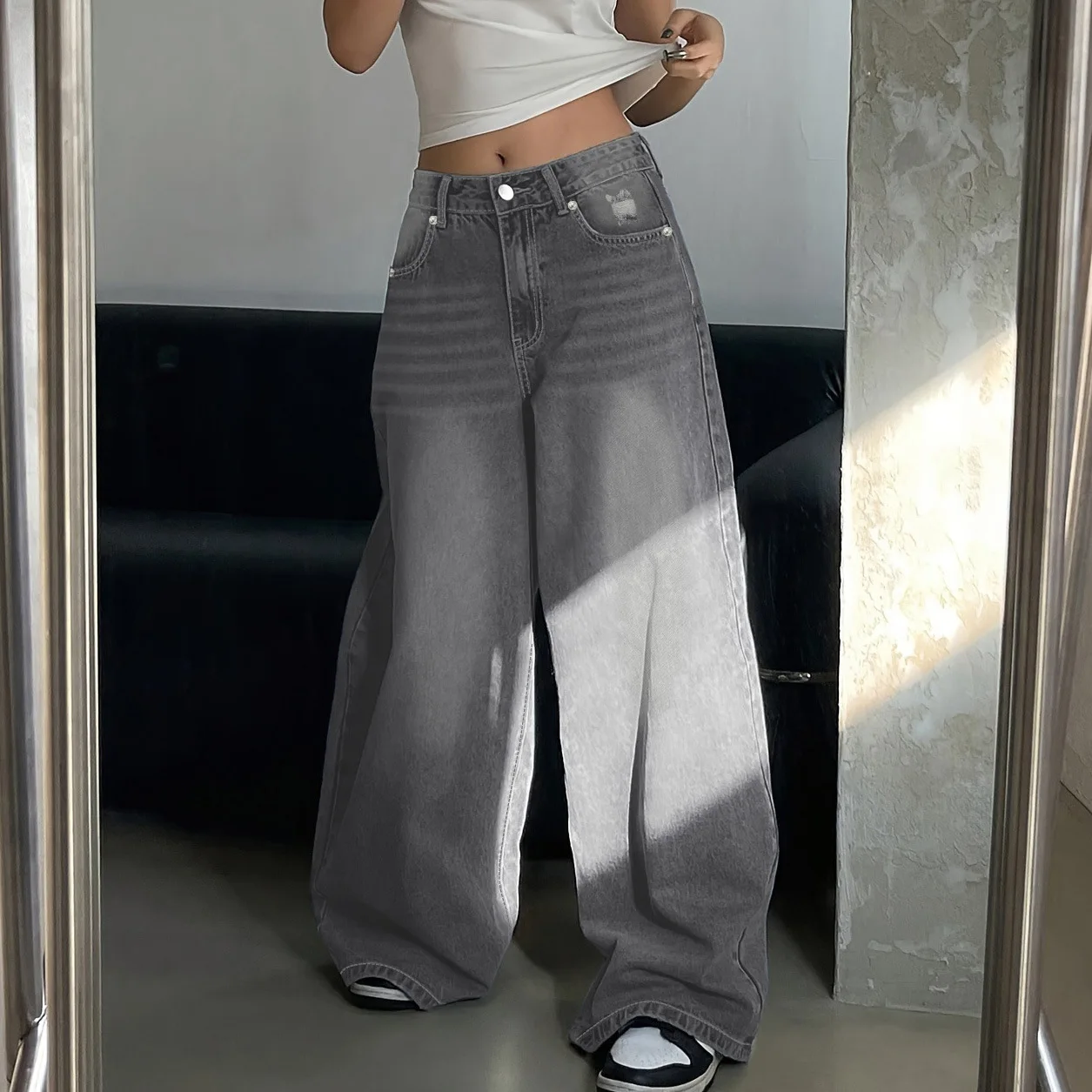 

Wide Leg Jeans Women Vintage Denims Pants High Waist Stretch Trousers Pockets Washed Distressed 2026 Streetwear Floor Length