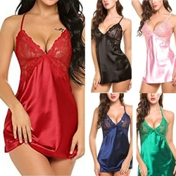 Summer Sexy Night Dress Lace Nightgown Women's New Lingerie Backless Deep V-neck Nightwear Satin Nightdress Homewear