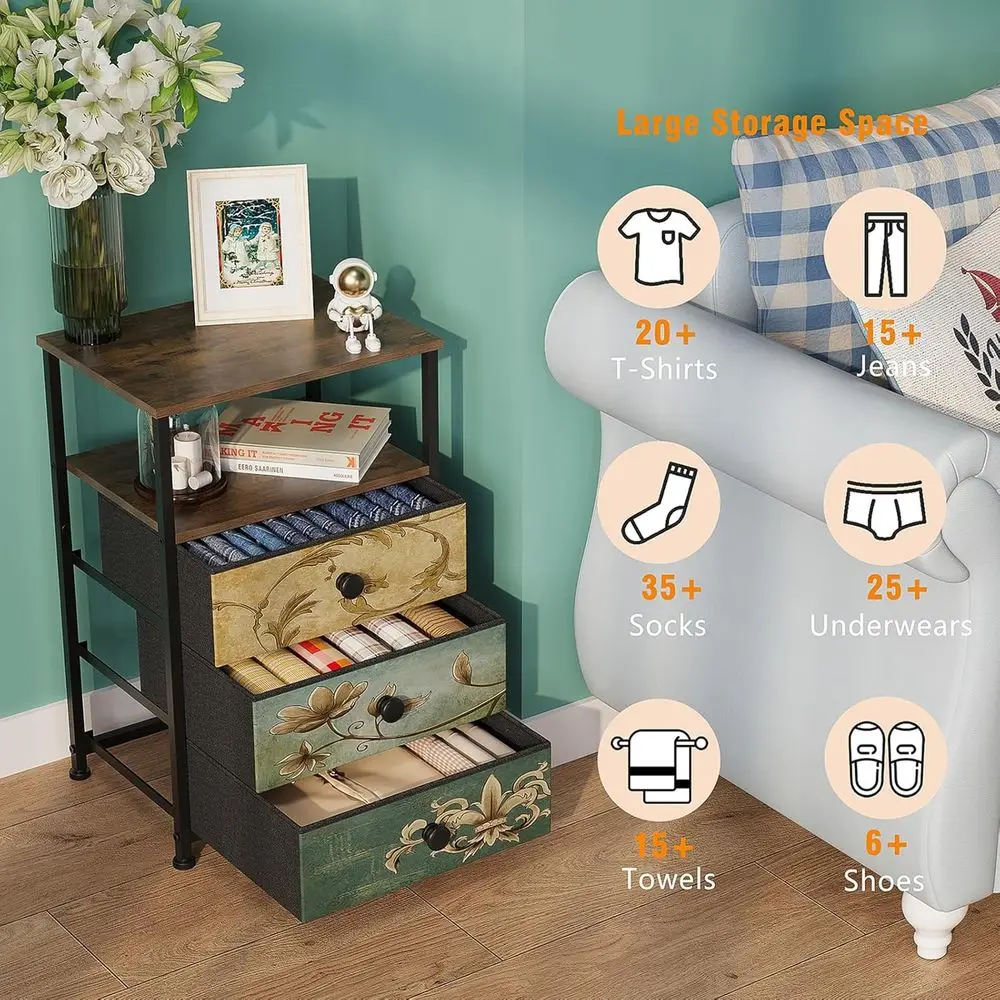Meja Nakas Kain 3 Laci Vintage dengan Rak Penyimpanan, Meja Samping Bergaya Farmhouse untuk Kamar Tidur, Ruang Tamu, Sofa