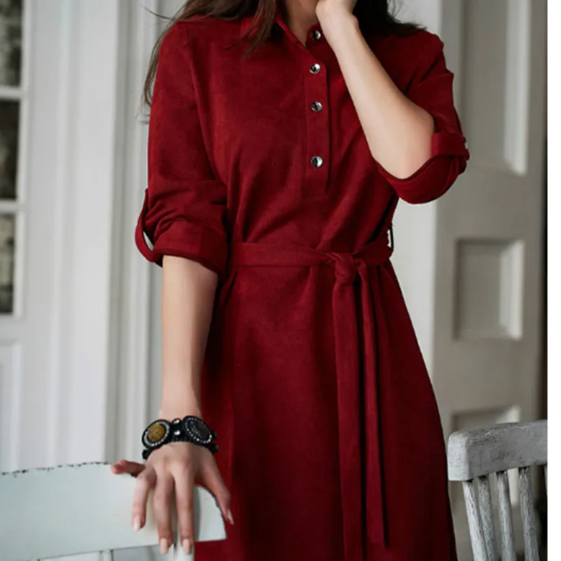 

Women Autumn A-line Dress Vintage Long Sleeve Sashes Front Turn Down Collar Female New Fashion Solid Elegant Casual Party Dress