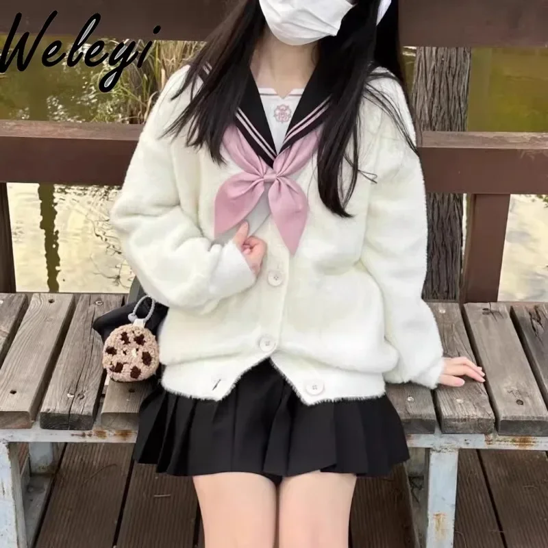 

Jirai Kei Uniform Skirt Suit Full Set Japanese Fashion Cutecore Sailor Sets Long Sleeve for Schools College Style Furry Cardigan