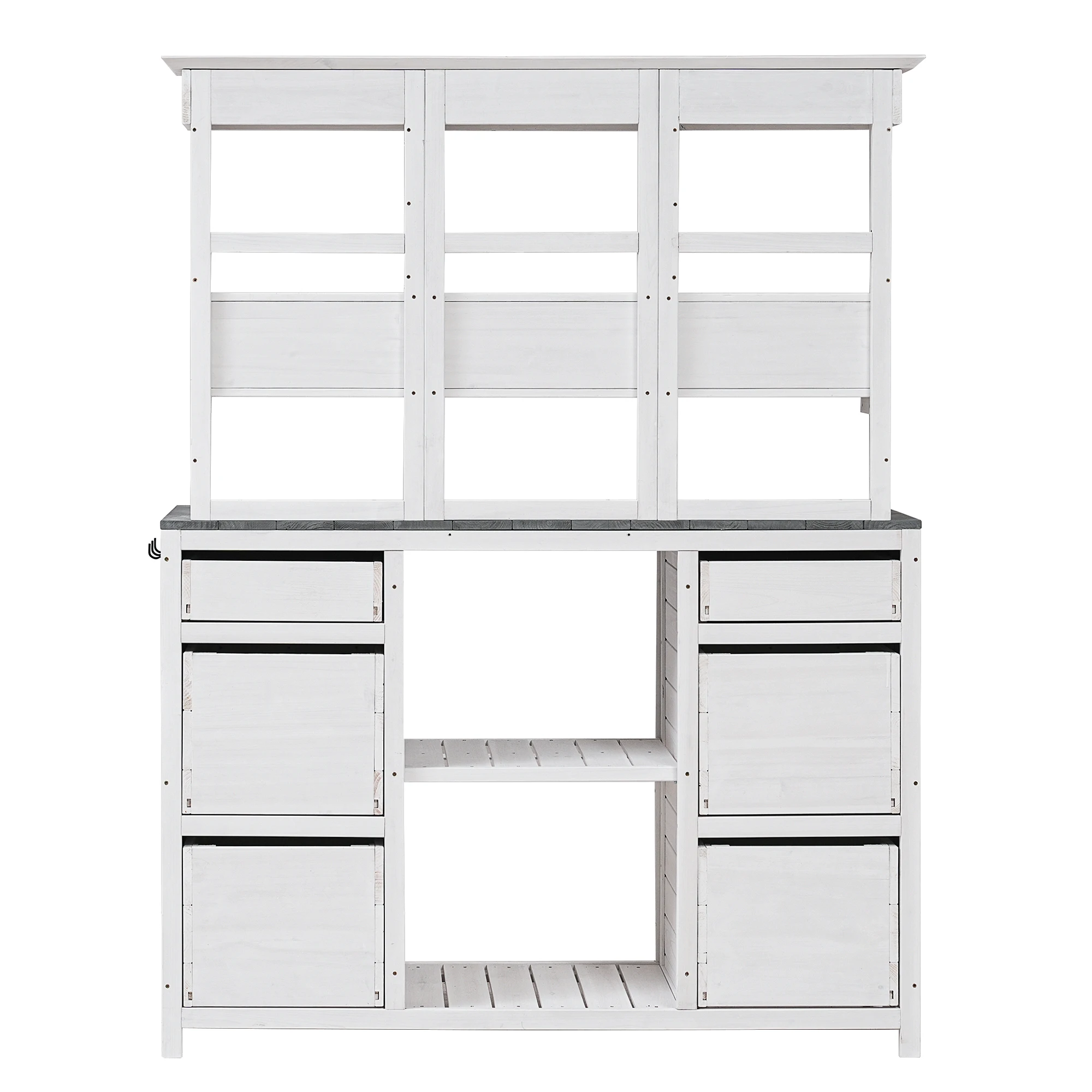 

Garden Potting Bench Table, Rustic and Sleek Design with Multiple Drawers and Shelves for Storage, White and Gray