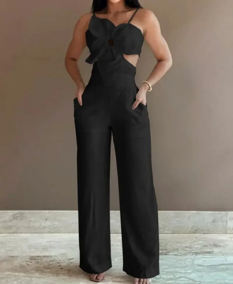 

GUWU Women Strap Sleeveless High Waist Hem Straight Loose Jumpsuits Summer Cut Out Waist Holiday Overall Wide Leg Rompers
