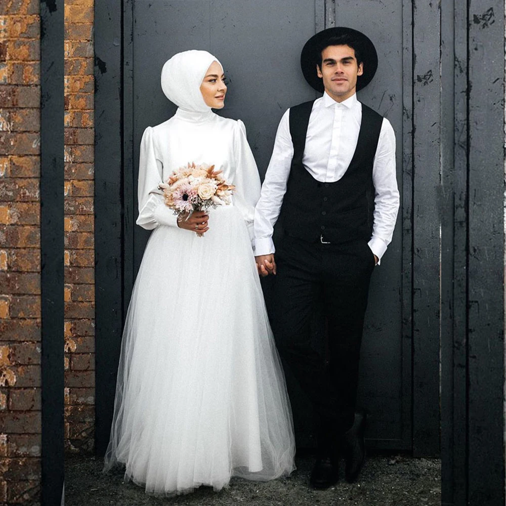 

Muslim Wedding Dresses High Neck Long Sleeve Modern Bride Dress A-Line Ankle Bridal Gown Customized Vestidos De Novia Iglesia