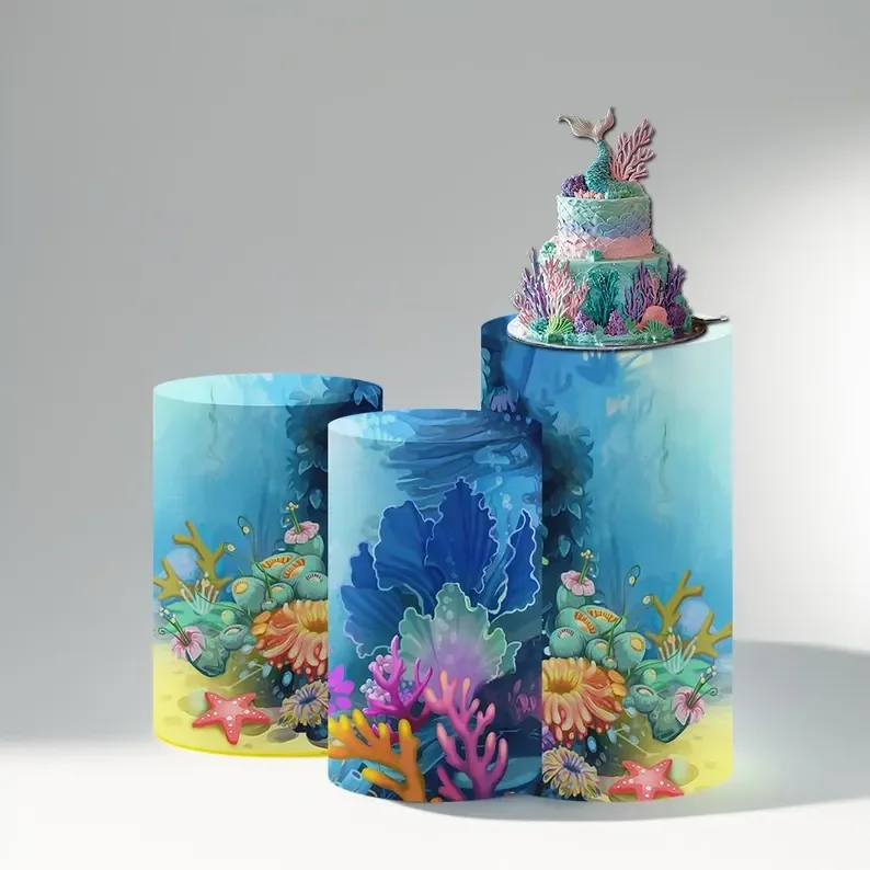 Mehofond Cylinder Background Covers Summer Mermaid Princess Birthday Party Plinth Cover Baby Shower Blue Undersea Backdrop Decor
