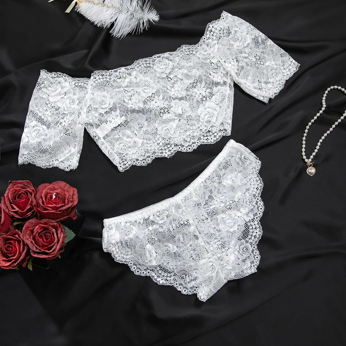 Sex Underwear See-through Lace White One-word Collar Off-the-shoulder Sexy Top Set Seduces Two Women