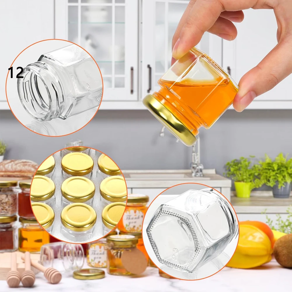 12pack 1.5oz Hexagon Glass Mini Honey Jars with Dipper Party Wedding Baby Shower Favors for Guests Candy Jars with Stickers