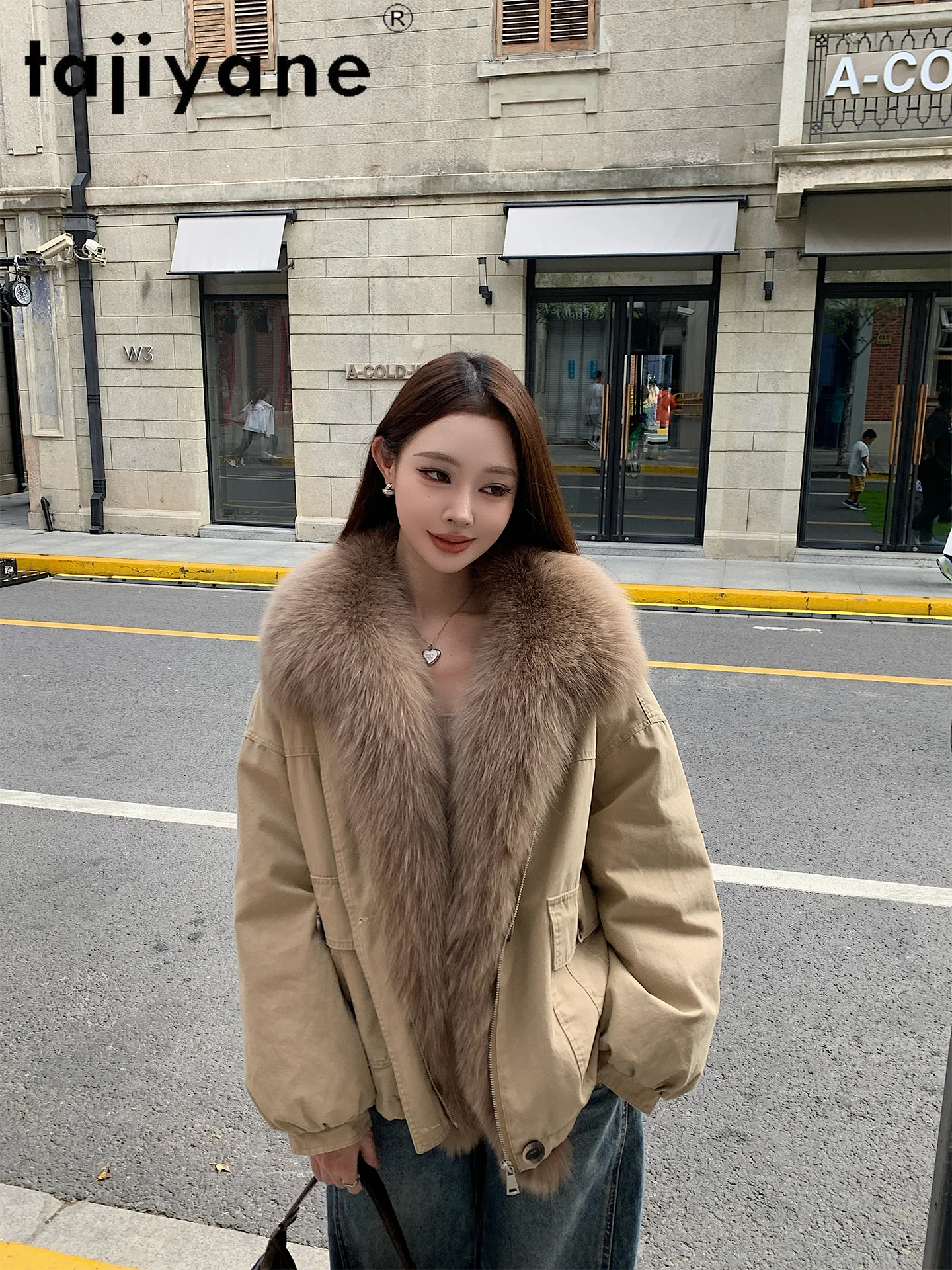 TAJIYANE أوزة أسفل معطف المرأة انفصال الثعلب الفراء طوق سترة معاطف قسط ملابس خارجية دافئة 2025 الشتاء ملابس امرأة putaхоovyк