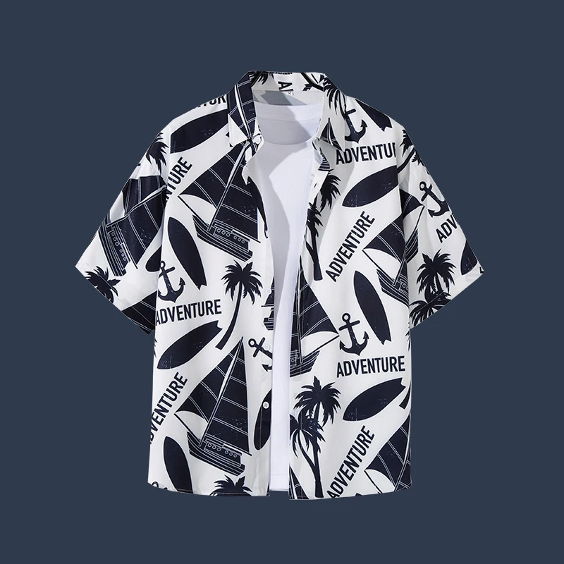 Men's beach vacation versatile floral shirt men short-sleeved ins handsome Hawaiian retro style loose beach casual shirt jacket