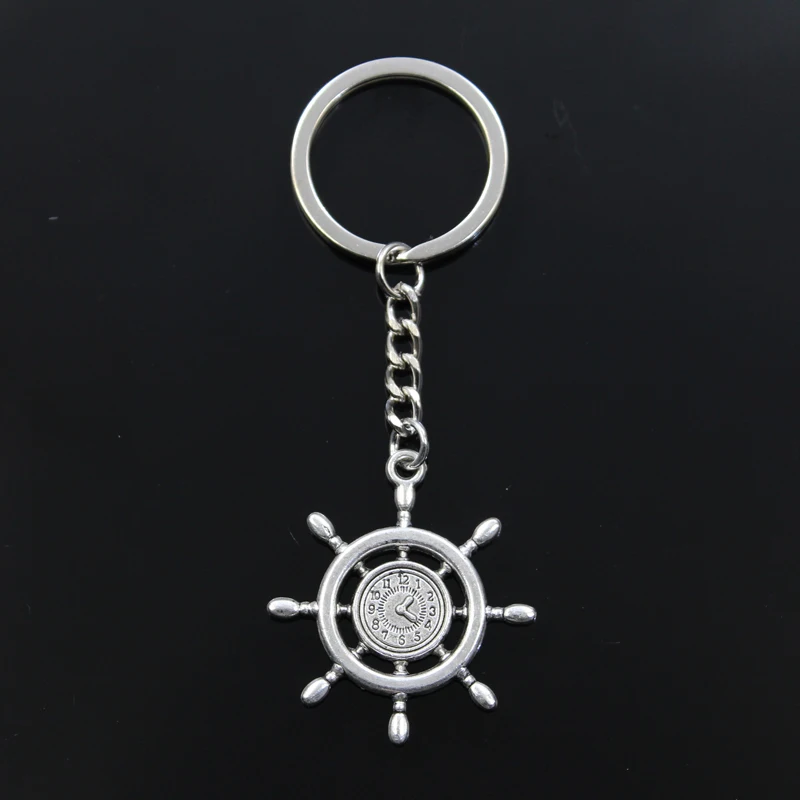 Hot Fashion Rudder Helm Anchor Ship Clock 40x35mm Pendant 30mm Key Ring Chain Silver Color Men Car Gift Keychain Dropshipping