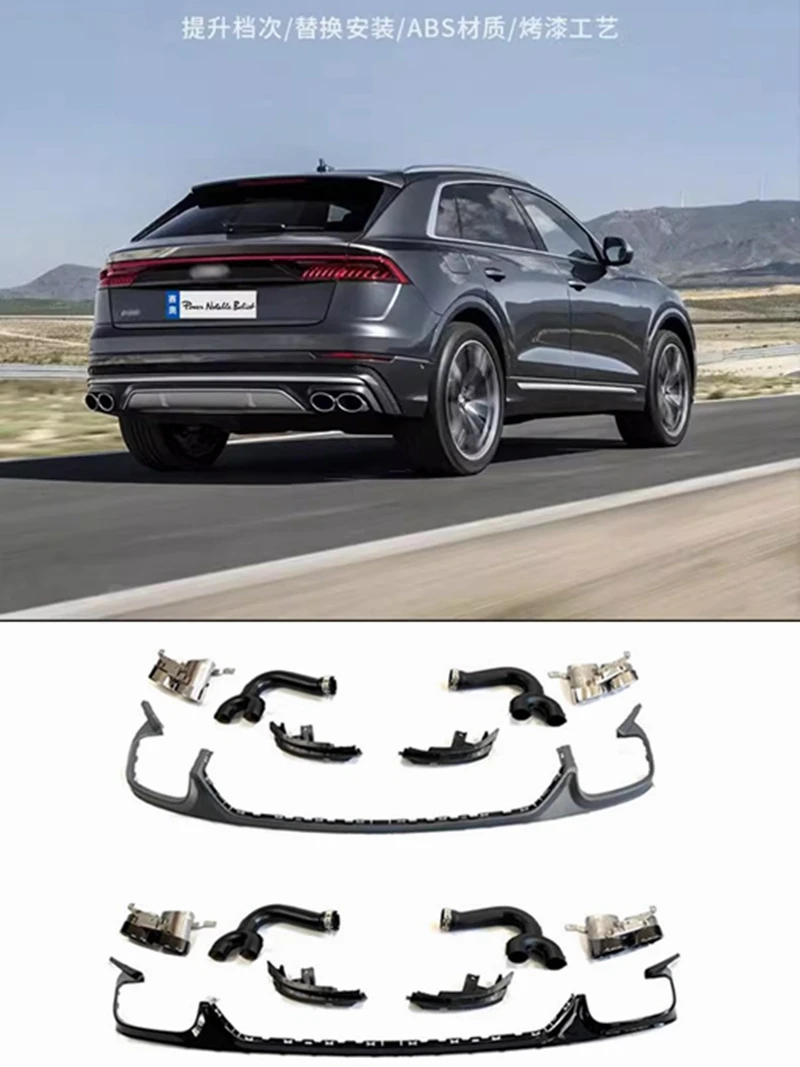 

ABS Black Rear Bumper Diffuser Lip & Exhaust Tips Trunk Door Lip Spoiler For Audi Q8 S-line Q8 SQ8 2019 2020 2021 2022 2023