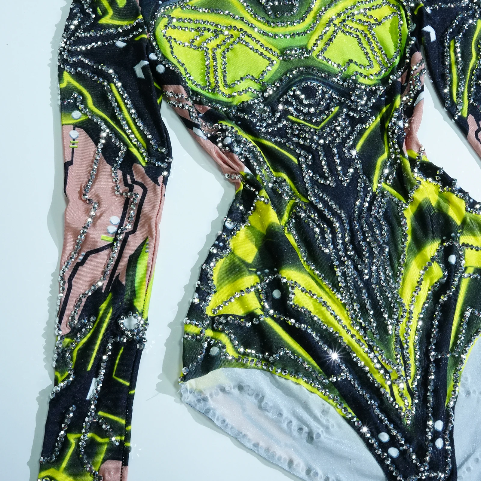 Błyszczące zielone body z nadrukiem Rhinestone Grupa tancerzy Wydajność Trykot Strój sceniczny Drag Queen Strój Nightclub Party
