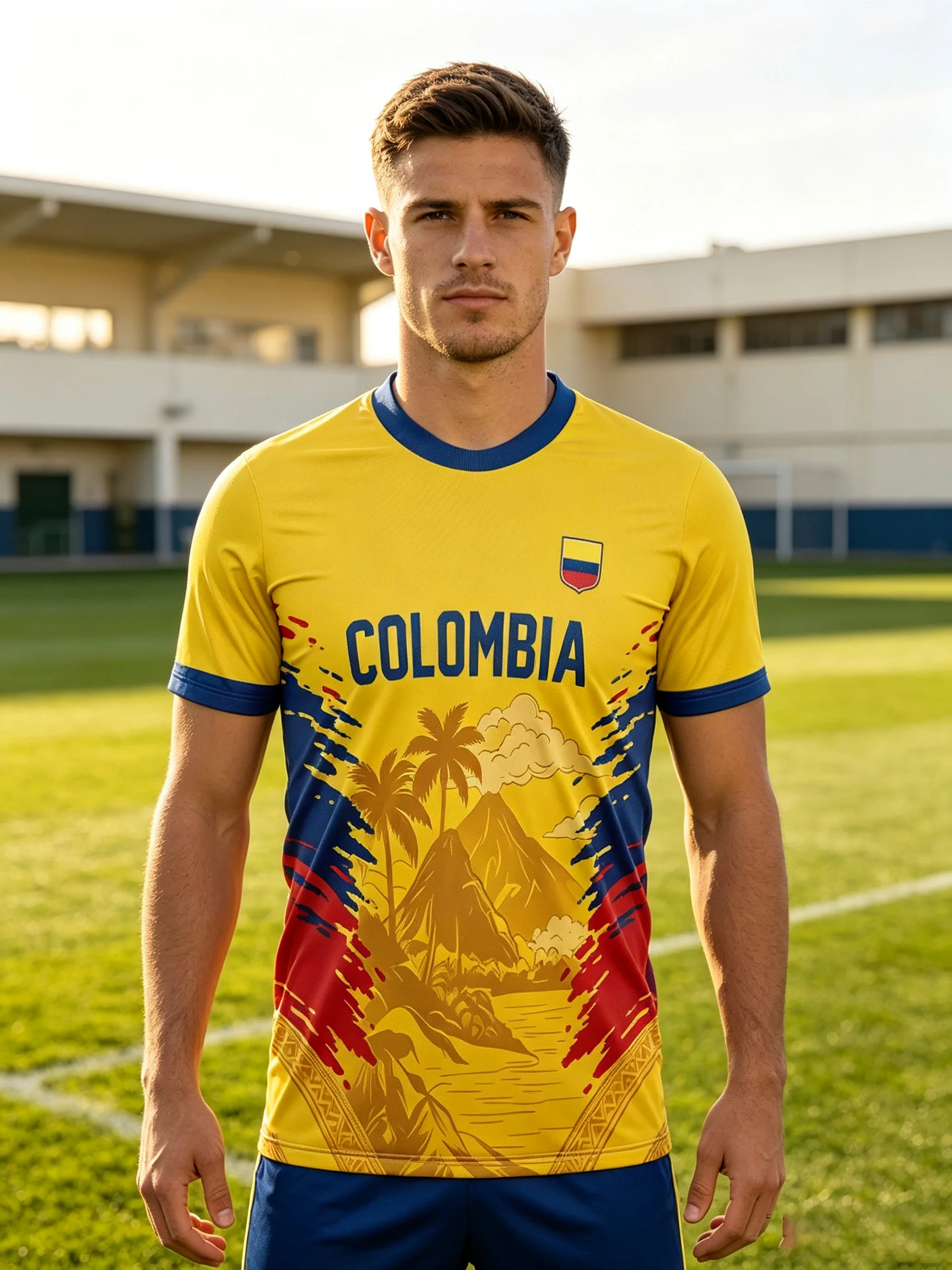 Colombia football jersey, James Rodriguez golden No.10, blue‑red splash side, sweat‑wicking, athletic fit