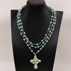 G-G 18'' Blue Round Faceted Turquoise CZ Stars Chain Necklace Gold Edge Plated Turquoise Pearl Pendant