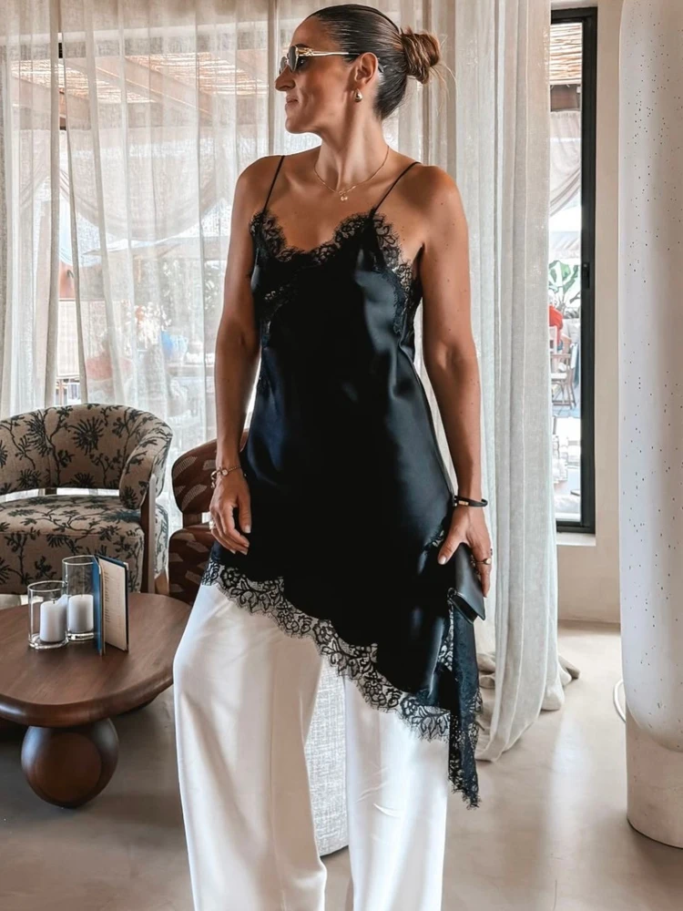 HH 2026 Spring Summer Elegant Satin Lace Sling Dress For Women Sexy Asymmetry Sleeveless Backless Party Dress Lady Beach Dress