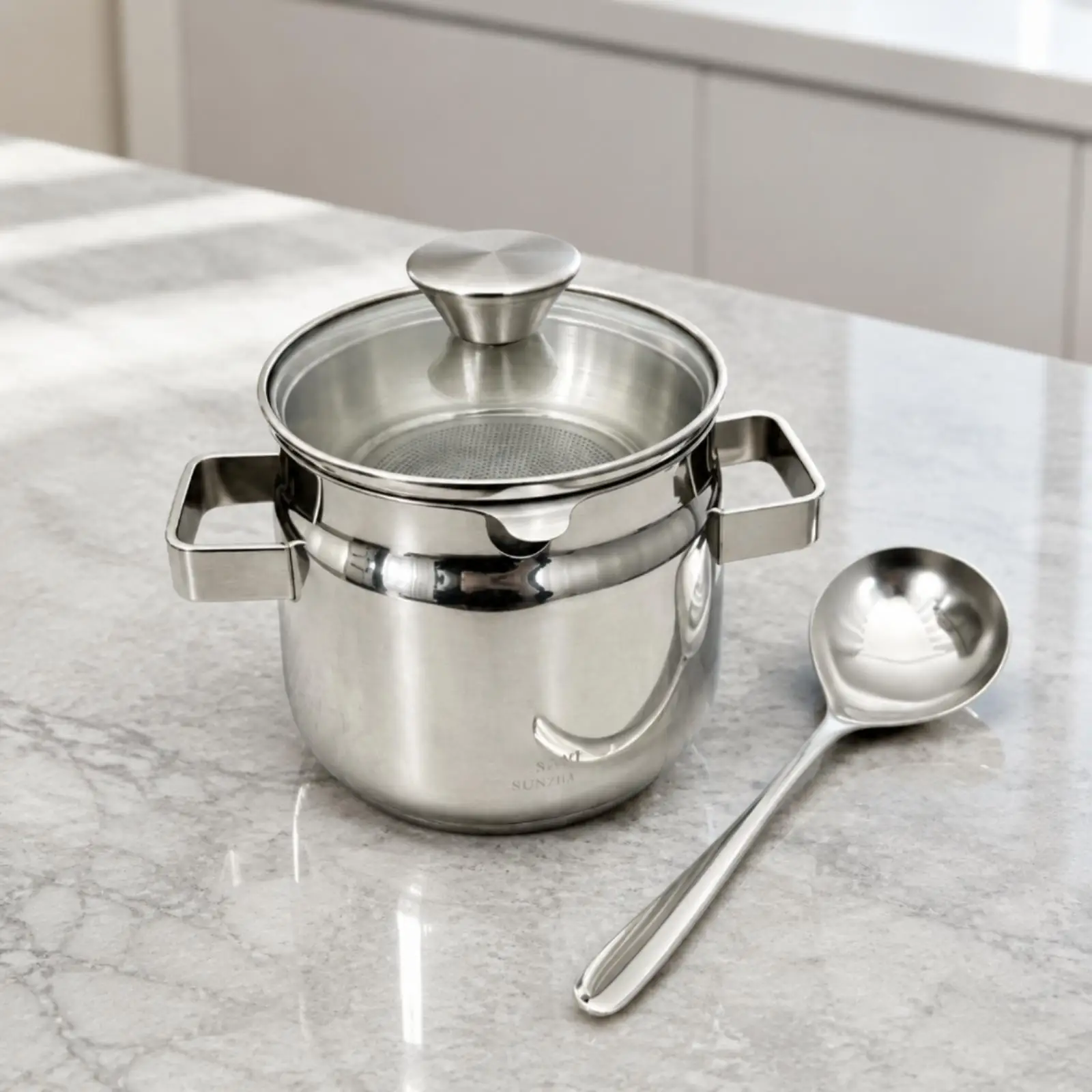 Durable 304 Steel Oil Filter Pot with Glass Lid and Spoon for Storing Used Cooking Oil After Frying
