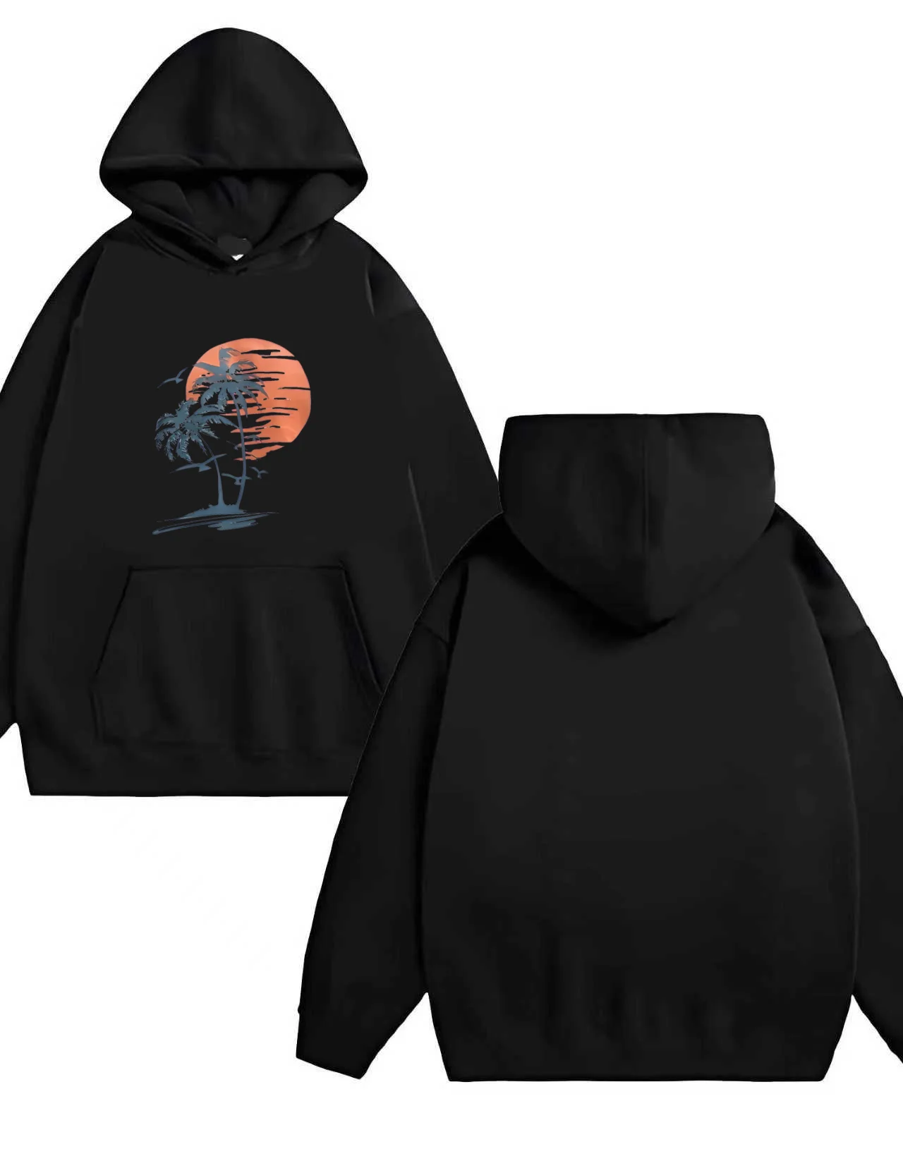 2025 New Sunset Palm Tree print hooded and hooded men's and women's casual loose pullover 330G heavy hooded sweatshirt