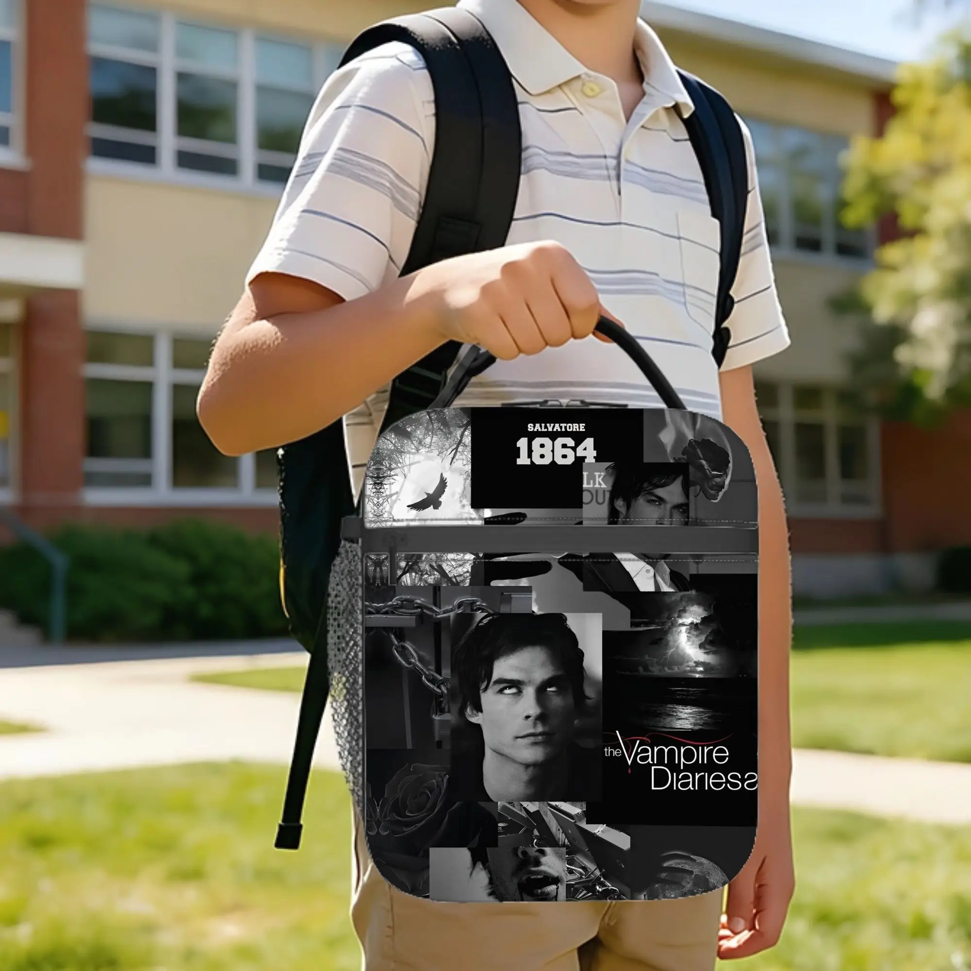 The Vampire Diaries Insulated Lunch Bags Large Damon Salvatore Meal Container Cooler Bag Tote Lunch Box Outdoor Bento Pouch
