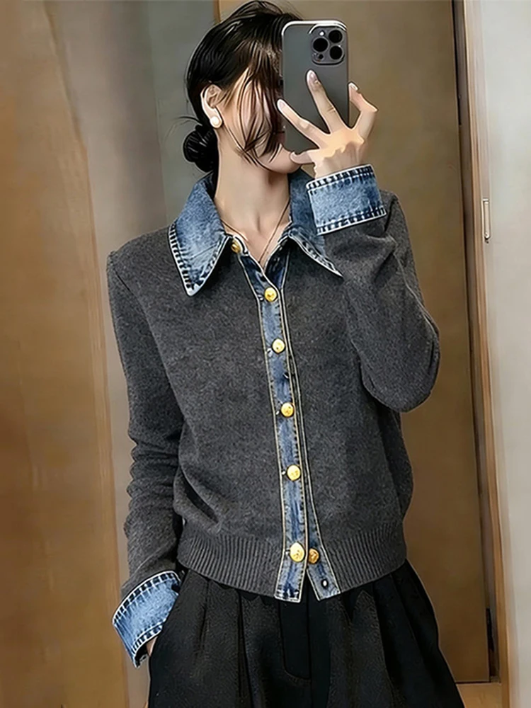 

Slimming Effect Loose Fit Long Sve Knitted Denim Patchwork Women's Spring Faion Outerwear Top Korean Sle Button Detail