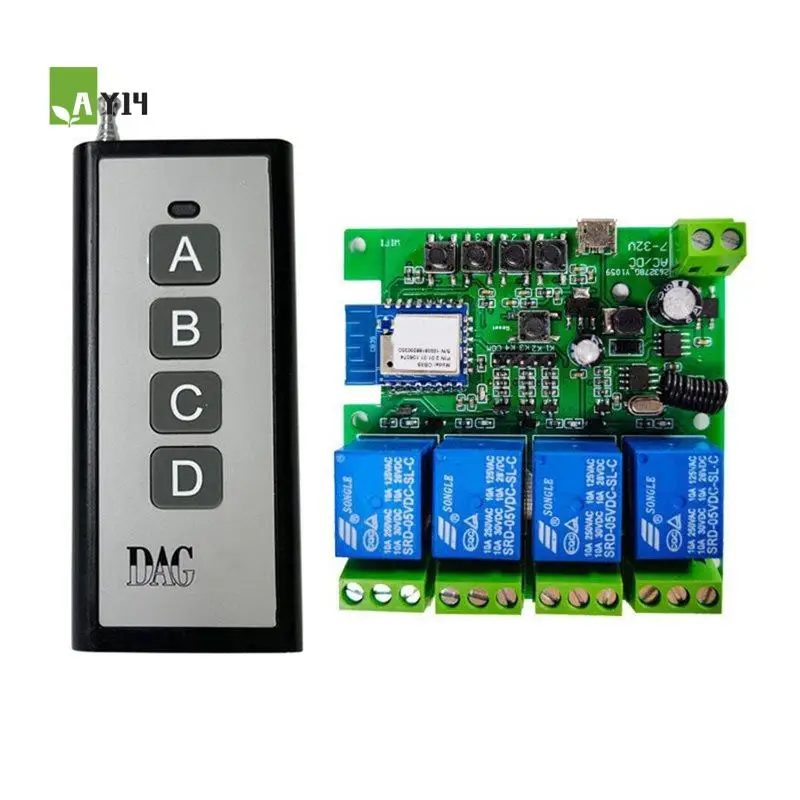 AY14 -4CH Tuya Smart Switch Wifi Relay Module DC7-32V Motor Module +RF433 Remote Control For Garage Door Opener