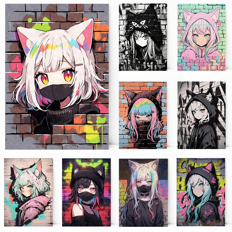 Japanese Style Anime Pastel Nekomimi Graffiti Kawaii Cat Girl Poster and Canvas Printing Wall Art Picture for Room Home Decor