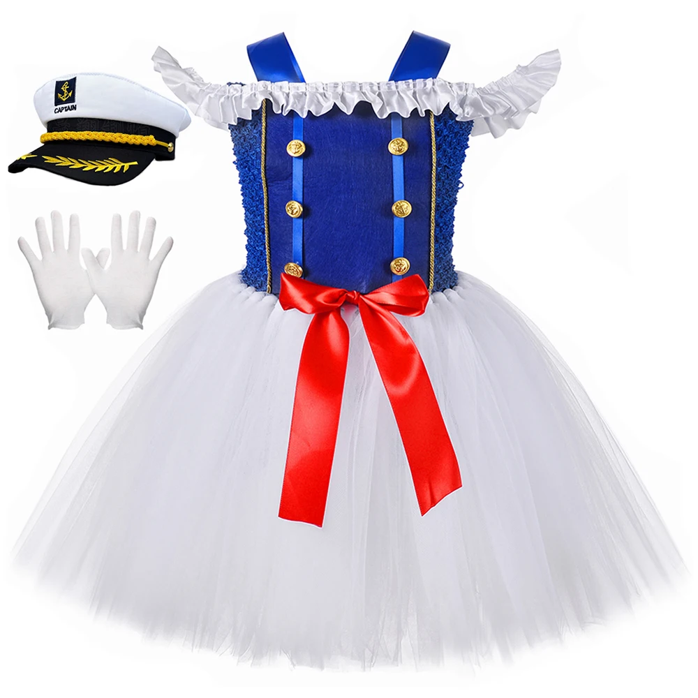 Girls Navy Captain Officer Sailor Costume Blue White Tulle Tutu Princess Dress Kids Halloween Carnival Party Dress Up Clothes