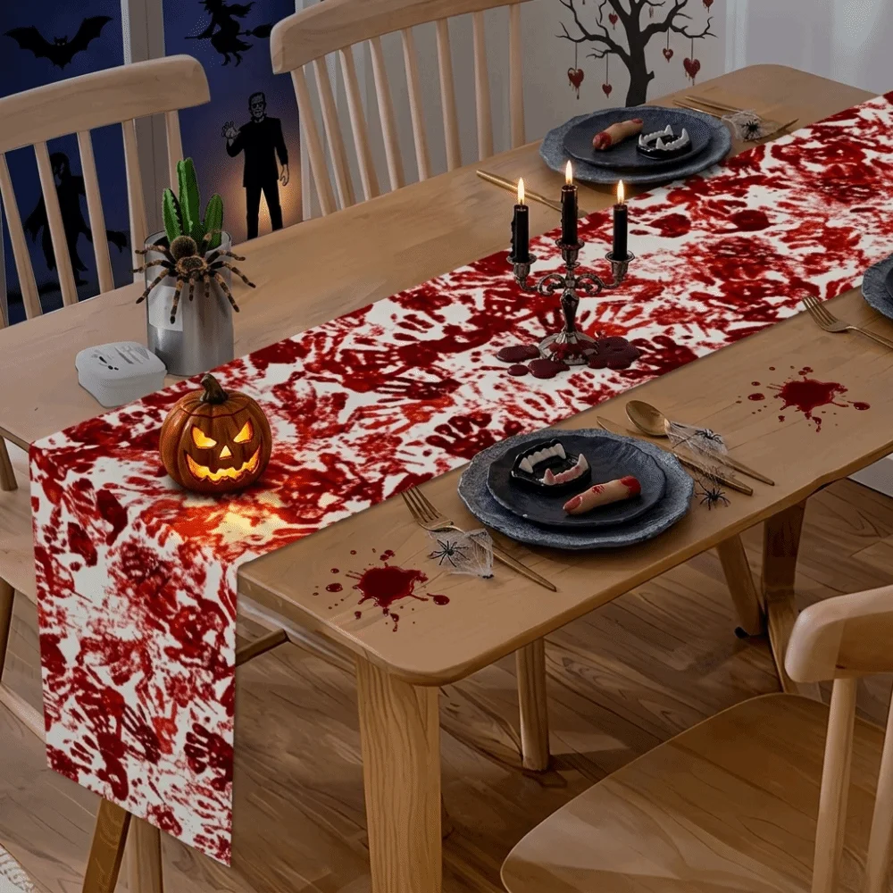 Scary Bloody Halloween Table Runner Handprint Red Placemat Gory Blood Stain Halloween Decorative Tablecloth Dinner Table