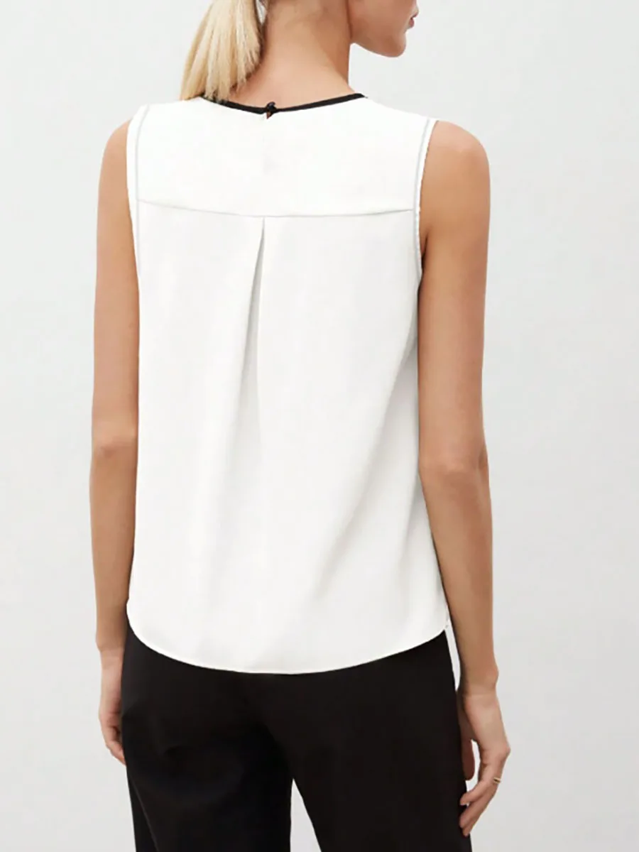 Women's Tank Top Spring Summer White Black Contrast Trim V Neck Sleeveless Loose Elegant Office Daily Work Top