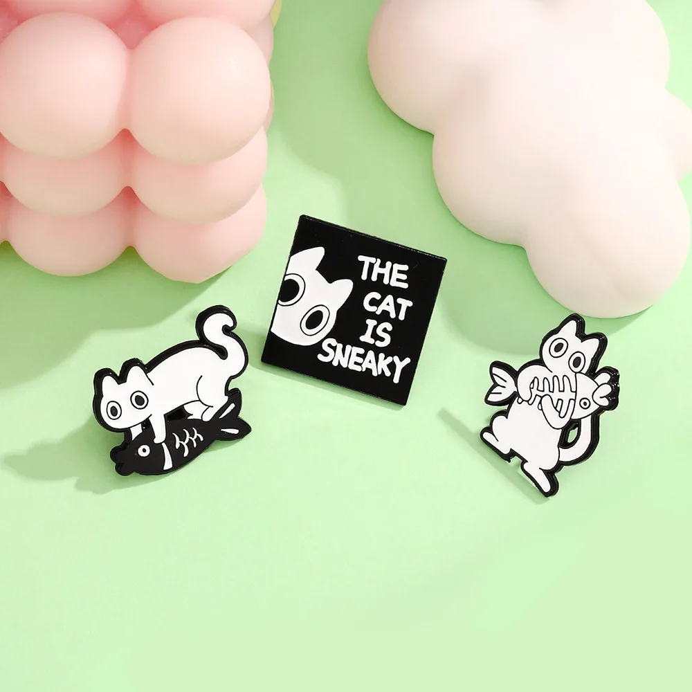 Cute Cartoon Black White Cat Enamel Brooch Creative Animal Chicken Fish Friend Lapel Pin Badge Backpack Clothing Hat Accessories