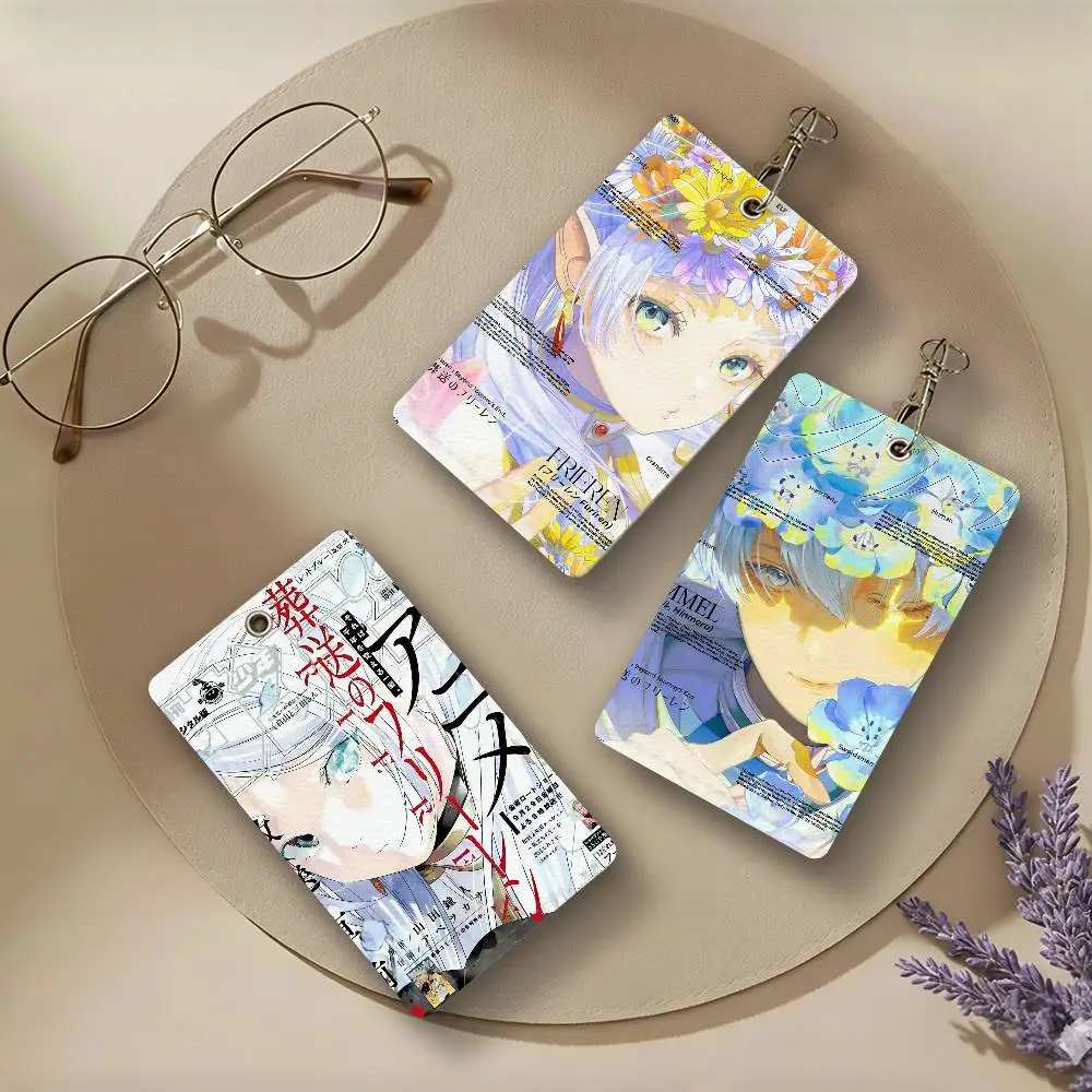 Frieren Anime PU Leather Card Holders Anti-lost Student ID Protective Cover Cases Campus Access Cards Key Chain