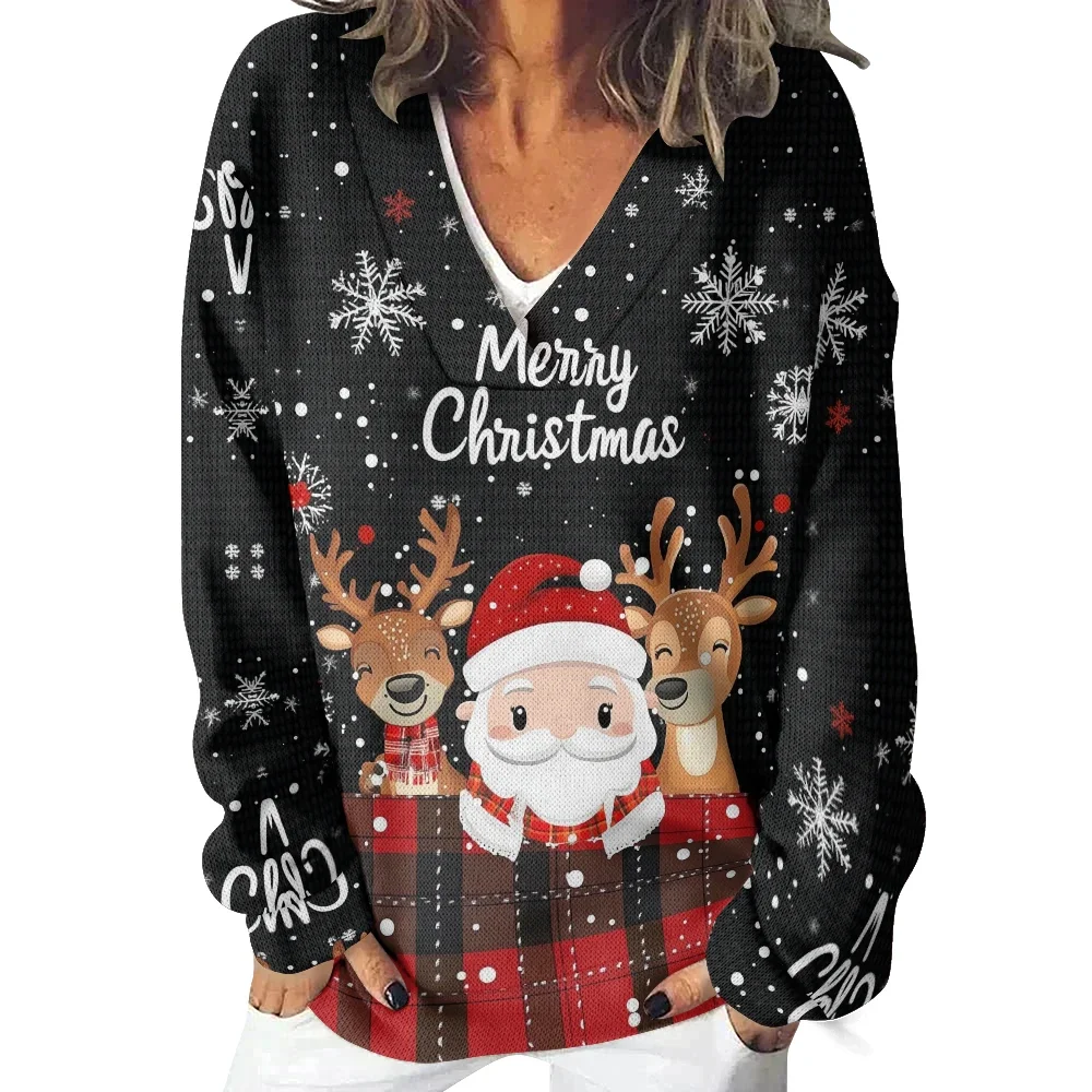 

Merry Christmas Print V-neck Casual Hoodie Women Winter Classic Sweatshirt Cute Santa Claus with Reindeer Pullovers Loose Jumper